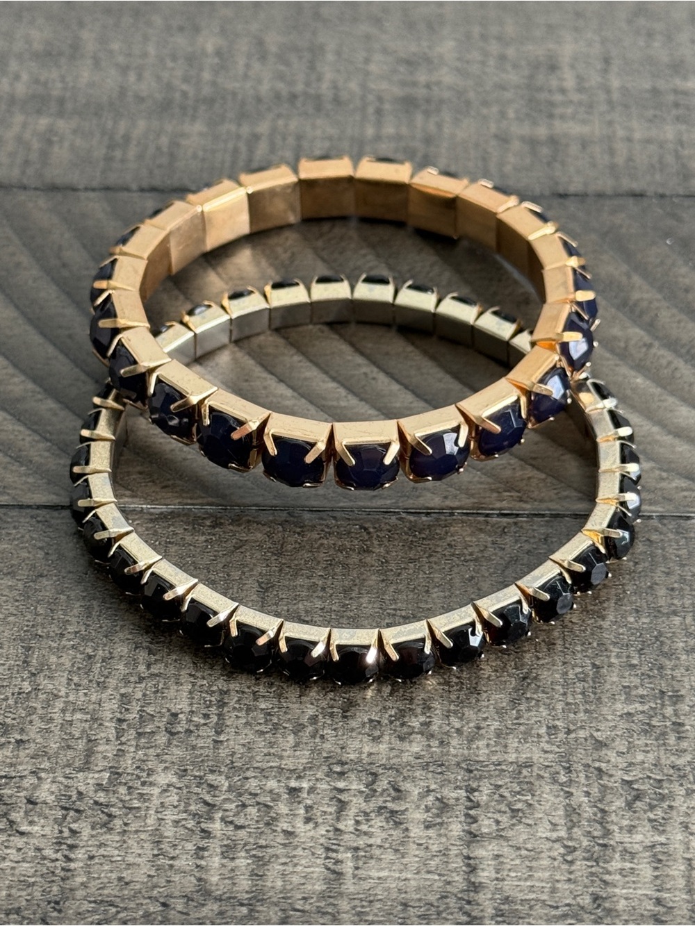 Black and Navy Crystals and Gold-Tone Stretch Bracelets - Set of 2